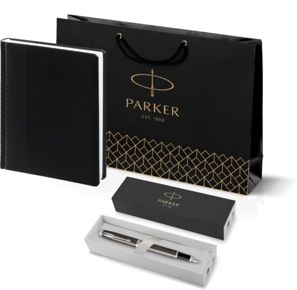 Подарочный набор: Перьевая ручка Parker IM Metal, F221, цвет: Black GT, перо: M и Ежедневник недатированный черный