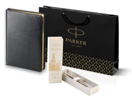 Подарочный набор: Шариковая ручка Parker Jotter Russia SE, цвет: St. Steel GT и Ежедневник недатированный, чёрный