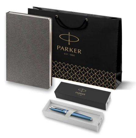 Подарочный набор: Ручка роллер Parker IM Premium T318 Blue Grey CT, цвет чернил черный и ежедневник серебристого цвета