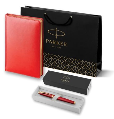 Подарочный набор: Шариковая ручка Parker IM Premium K318 Red GT, цвет чернил синий и красный недатированный ежедневник с золотым срезом