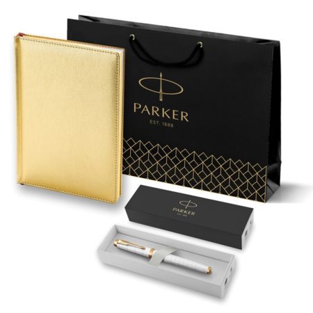 Подарочный набор: Ручка роллер Parker IM Premium T318 Pearl GT, цвет чернил черный и белый недатированный ежедневник с золотым срезом