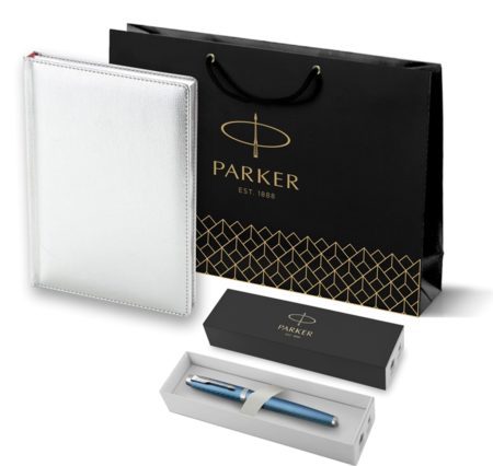 Подарочный набор: Ручка роллер Parker IM Premium T318 Blue Grey CT, цвет чернил черный и ежедневник серого цвета