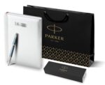 Подарочный набор: Ручка роллер Parker IM Premium T318 Blue Grey CT, цвет чернил черный и ежедневник серебристого цвета 9