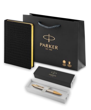Подарочный набор: Ручка шариковая Parker IM Premium K318 Pearl GT, цвет чернил синий и белый недатированный ежедневник с золотым срезом