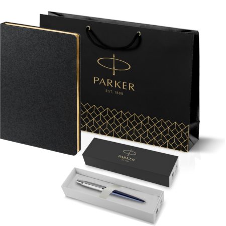 Подарочный набор Parker: Ежедневник черный из эко-кожи с тиснением и ручка шариковая Jotter Essential Satin Black CT, корпус черного цвета