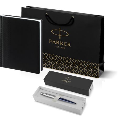 Подарочный набор: Шариковая ручка Parker Jotter Essential, Royal Blue CT, стержень: Mblue и Ежедневник недатированный черный с золотистым срез