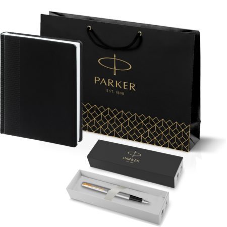 Подарочный набор: Ручка перьевая Parker Jotter Stainless Steel GT и Ежедневник недатированный черный с золотистым срезом