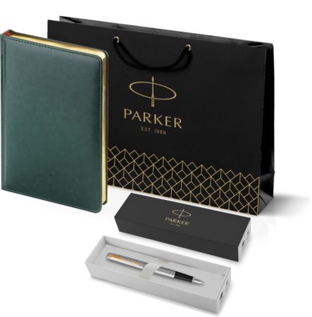Подарочный набор: Ручка перьевая Parker Jotter Stainless Steel GT и Ежедневник золотистый недатированный