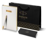 Подарочный набор: Ручка шариковая Parker IM Premium K318 Pearl GT, цвет чернил синий и белый недатированный ежедневник с золотым срезом 9
