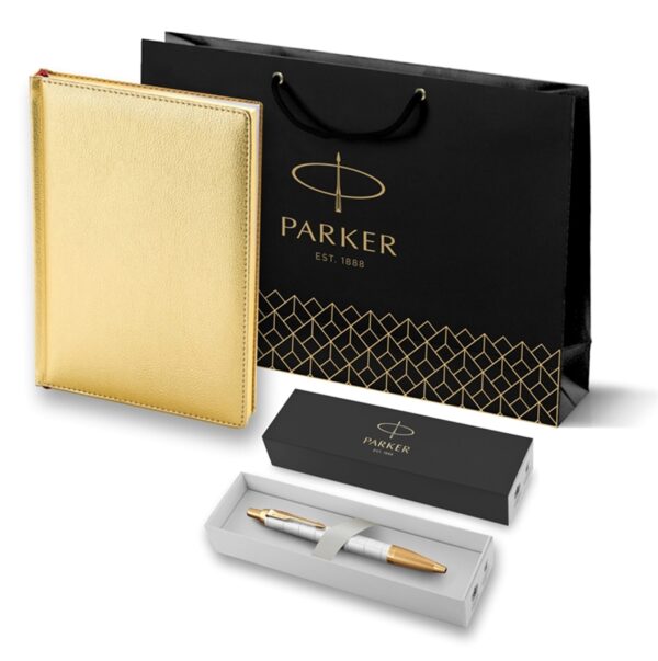 Подарочный набор: Ручка шариковая Parker IM Premium K318 Pearl GT, цвет чернил синий и золотистый ежедневник с золотым срезом страниц