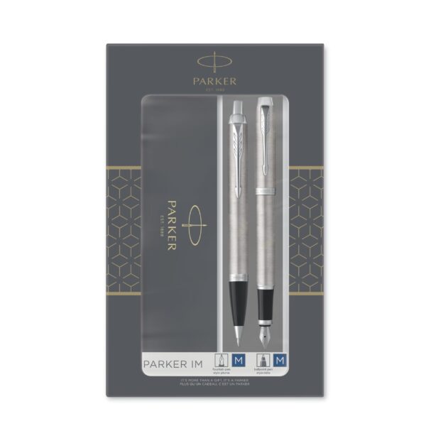 Набор из 2х ручек в подарочной коробке Parker IM «Duo» Stainless Steel CT;.  Шариковая и перьевая ручка.