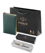 Подарочный набор Parker: темно-зеленый ежедневник с золотыми страницами и шариковая ручка Jotter Essential, стержень синего цвета