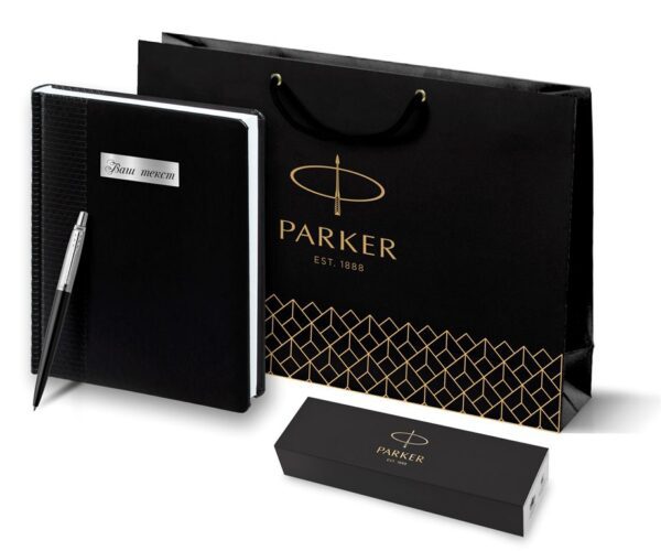 Подарочный набор Parker: Ежедневник черный из эко-кожи с тиснением и ручка шариковая Jotter Essential Satin Black CT, корпус черного цвета