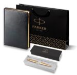 Подарочный набор Parker: Ежедневник черного цвета с золотистым срезом и шариковая ручка Parker Jotter XL YellowGold 9