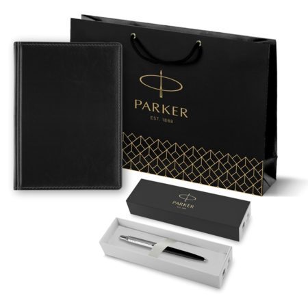 Подарочный набор Parker: Ежедневник черный из эко-кожи с тиснением и ручка шариковая Jotter Essential Satin Black CT, корпус черного цвета